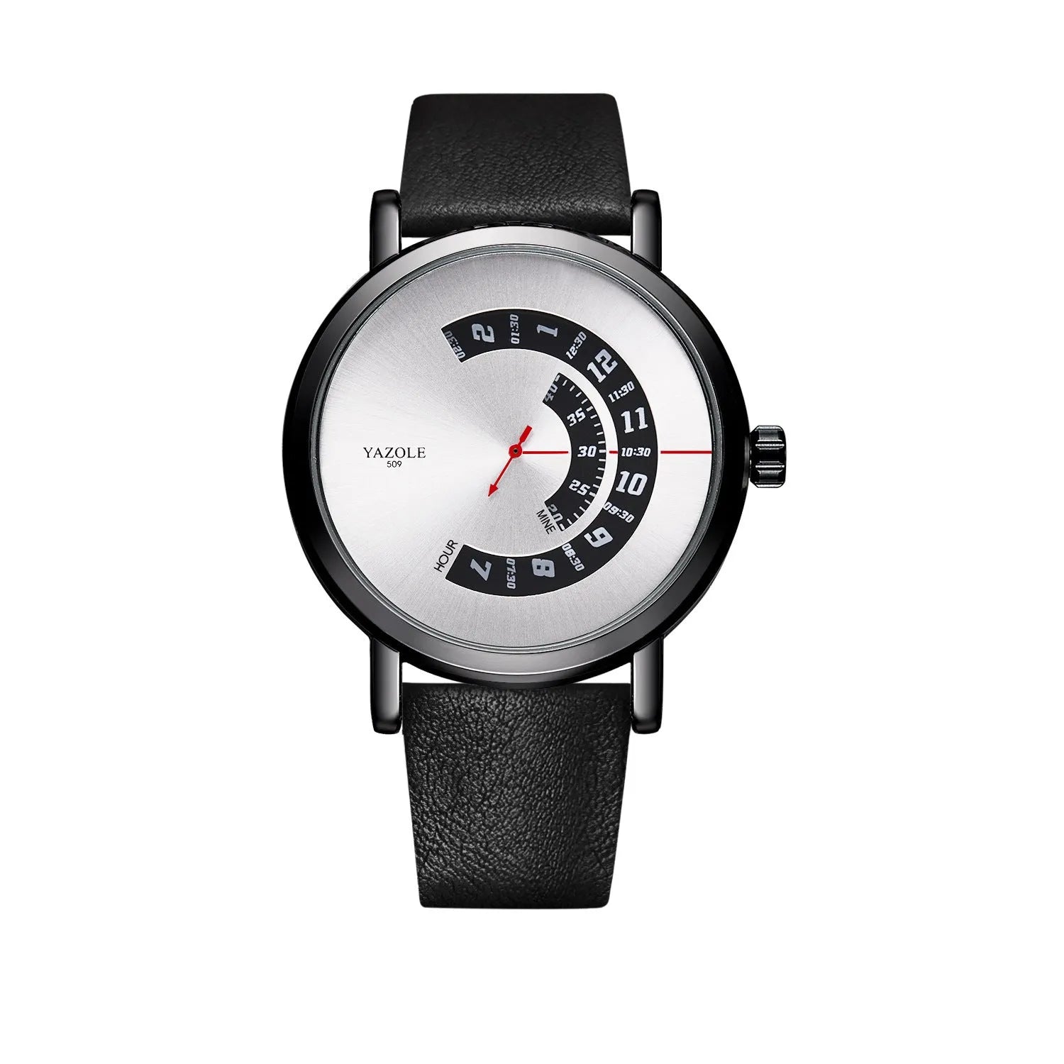 Men's silver and black casual quartz watch with a round metal case on a black strap.