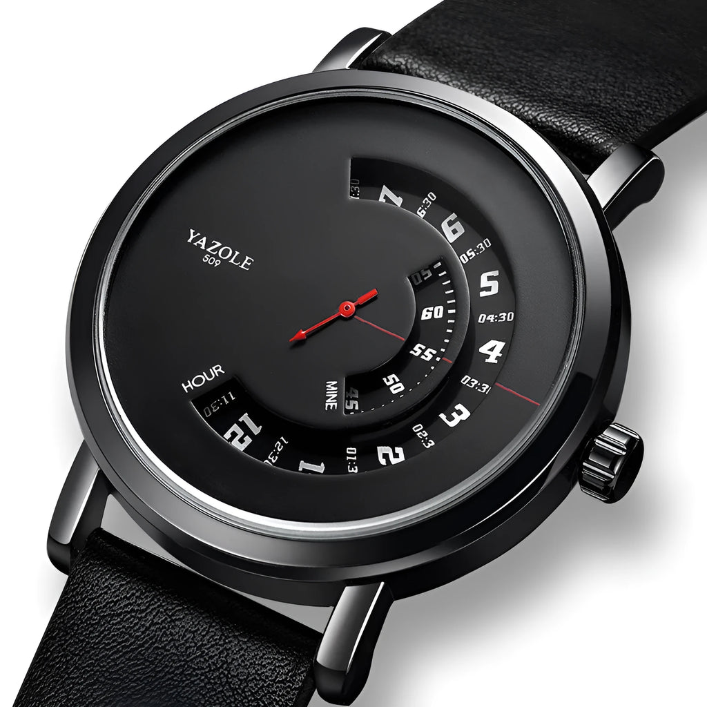 Men's silver and black casual quartz watch with a round metal case on a black strap.