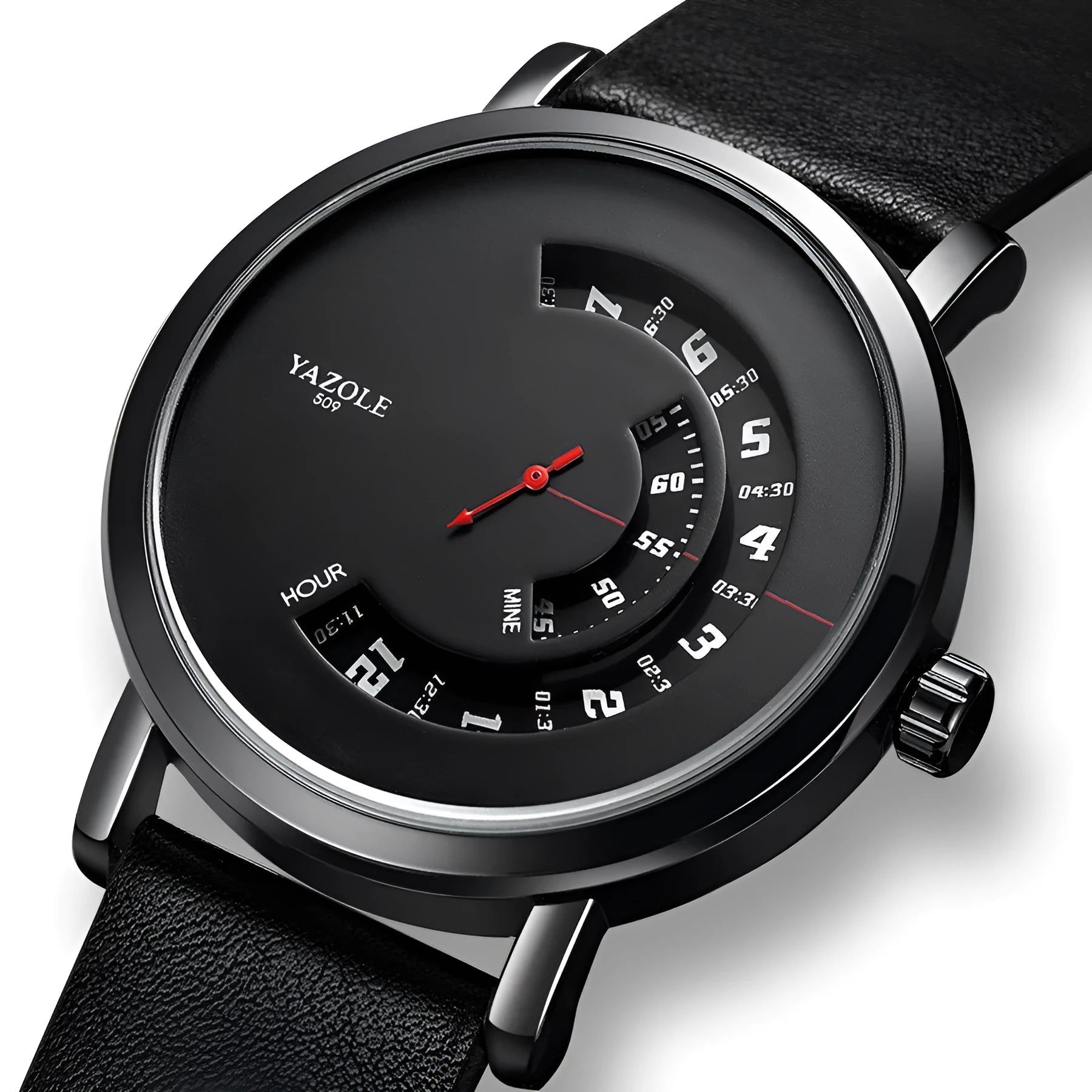 Men's silver and black casual quartz watch with a round metal case on a black strap.