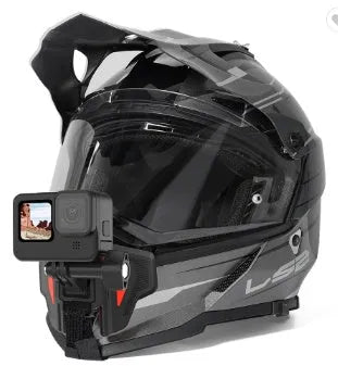 Black motorcycle helmet mount for action cameras with silicone strap and stainless steel bracket.
