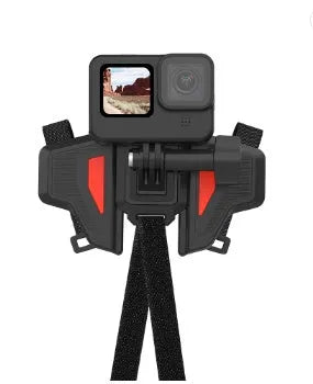 Black motorcycle helmet mount for action cameras with silicone strap and stainless steel bracket.