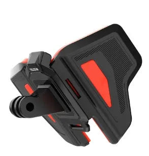 Black motorcycle helmet mount for action cameras with silicone strap and stainless steel bracket.