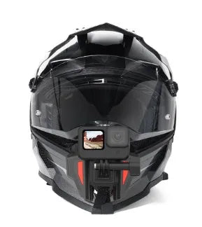 Black motorcycle helmet mount for action cameras with silicone strap and stainless steel bracket.