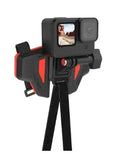 Black motorcycle helmet mount for action cameras with silicone strap and stainless steel bracket.