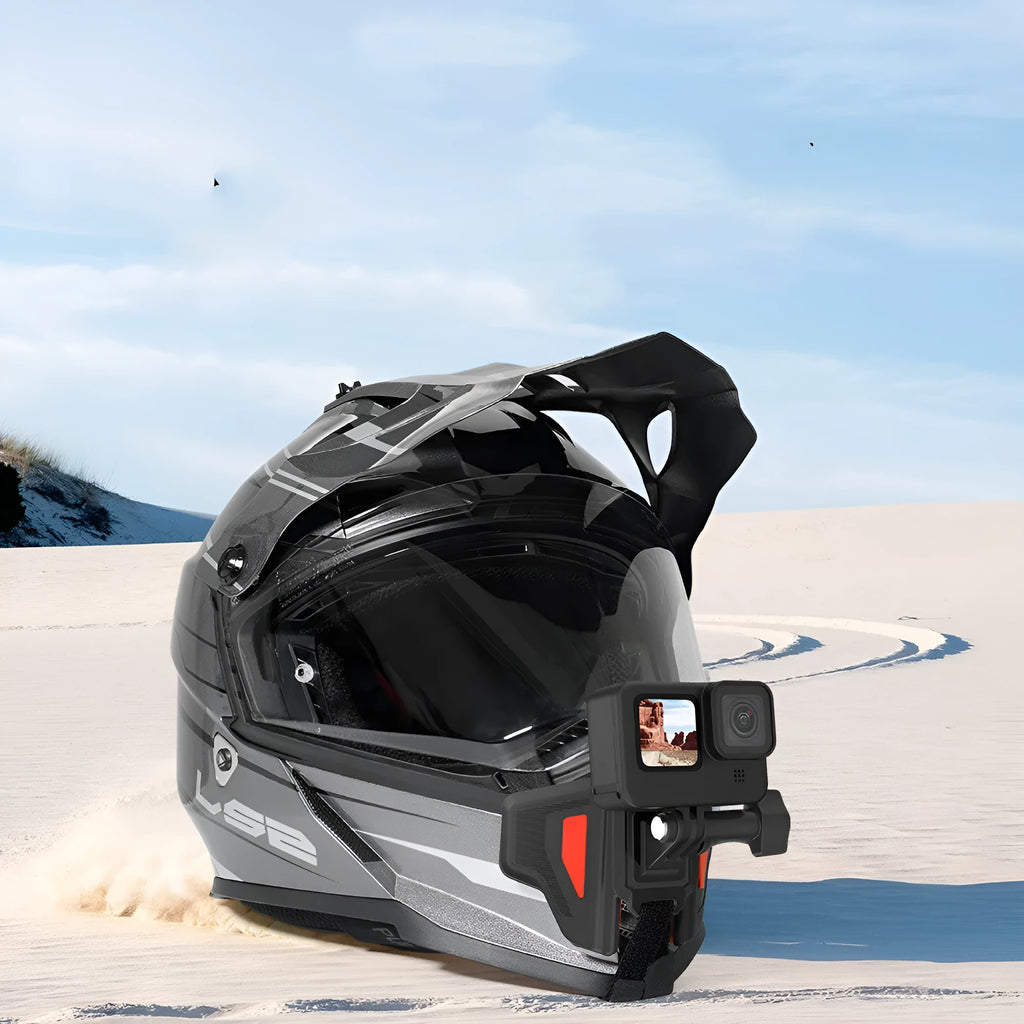 Black motorcycle helmet mount for action cameras with silicone strap and stainless steel bracket.