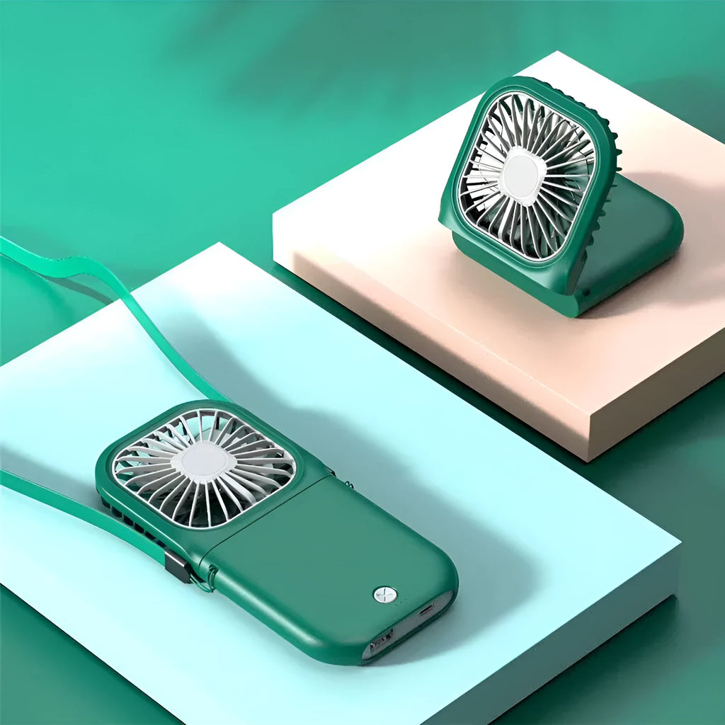 Hands-free neck fan worn around the neck with dual fans, USB charging cable, and foldable design.