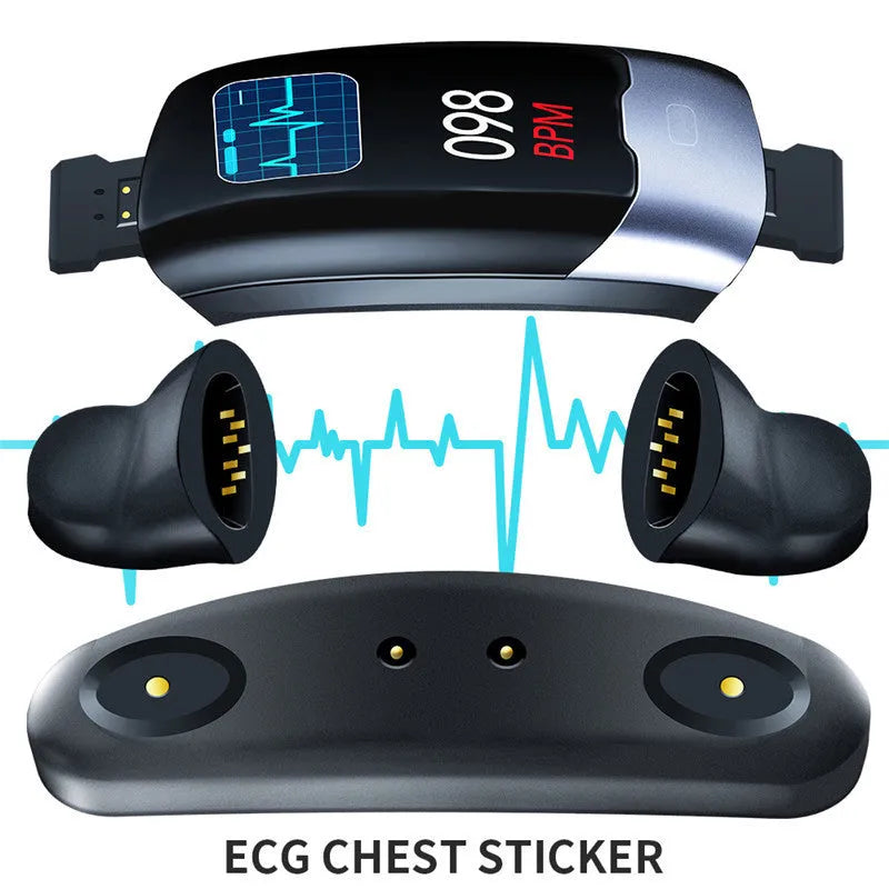 A black Bluetooth smart fitness tracker wristband on a wrist, showing a heart rate reading on its display.