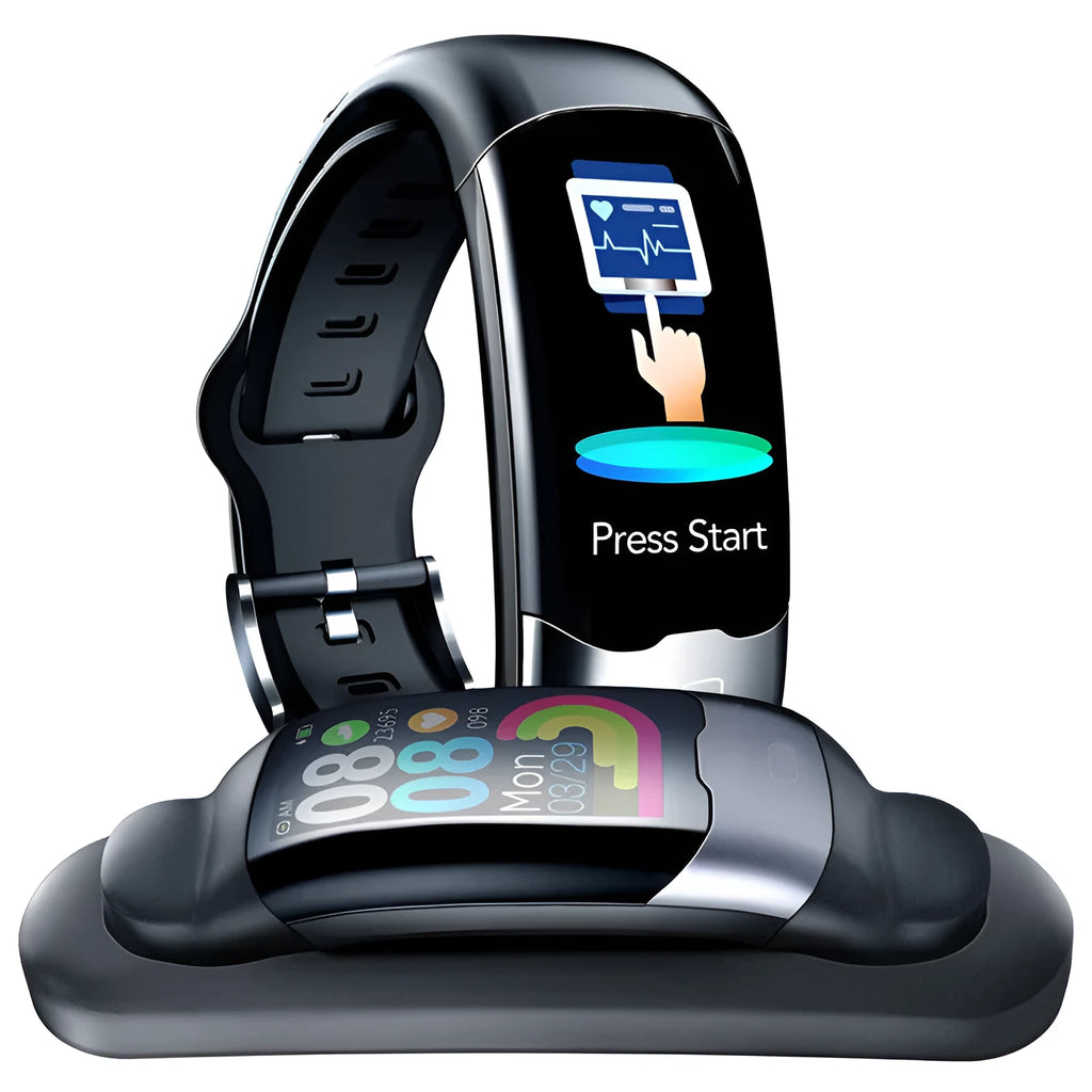 A black Bluetooth smart fitness tracker wristband on a wrist, showing a heart rate reading on its display.