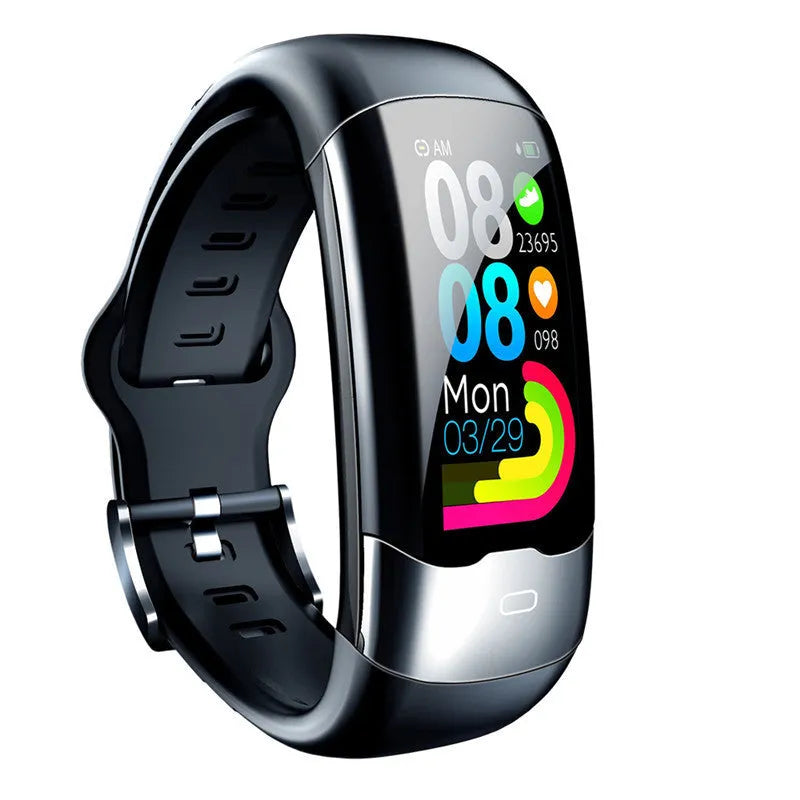 A black Bluetooth smart fitness tracker wristband on a wrist, showing a heart rate reading on its display.