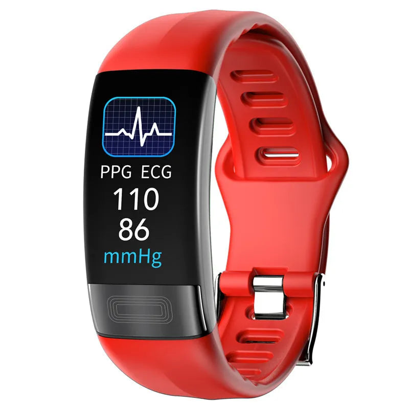 Black smart bracelet with ECG, blood pressure monitoring on a wrist, showing a health stats screen.