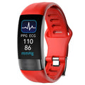 Black smart bracelet with ECG, blood pressure monitoring on a wrist, showing a health stats screen.