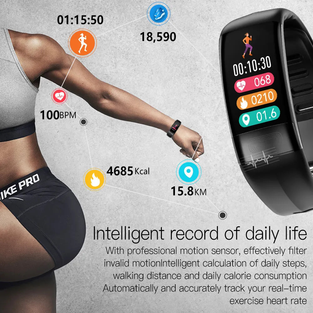 Black smart bracelet with ECG, blood pressure monitoring on a wrist, showing a health stats screen.