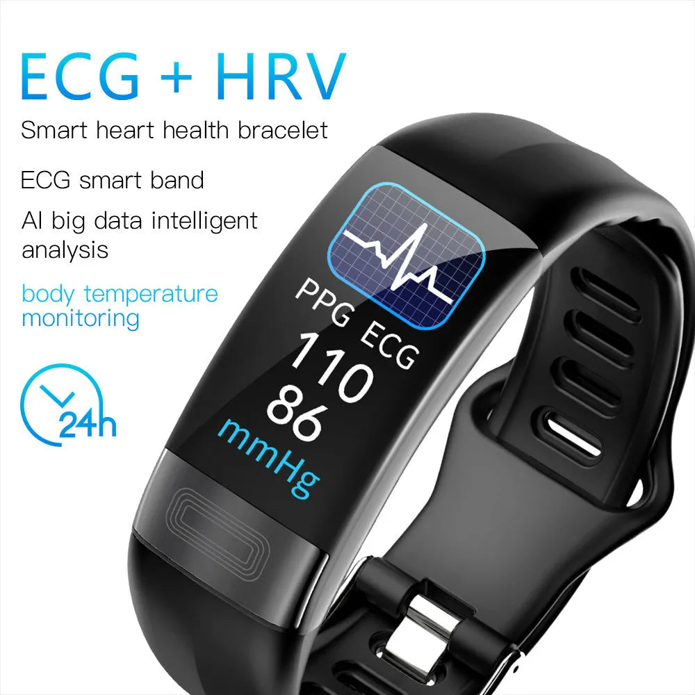 Black smart bracelet with ECG, blood pressure monitoring on a wrist, showing a health stats screen.