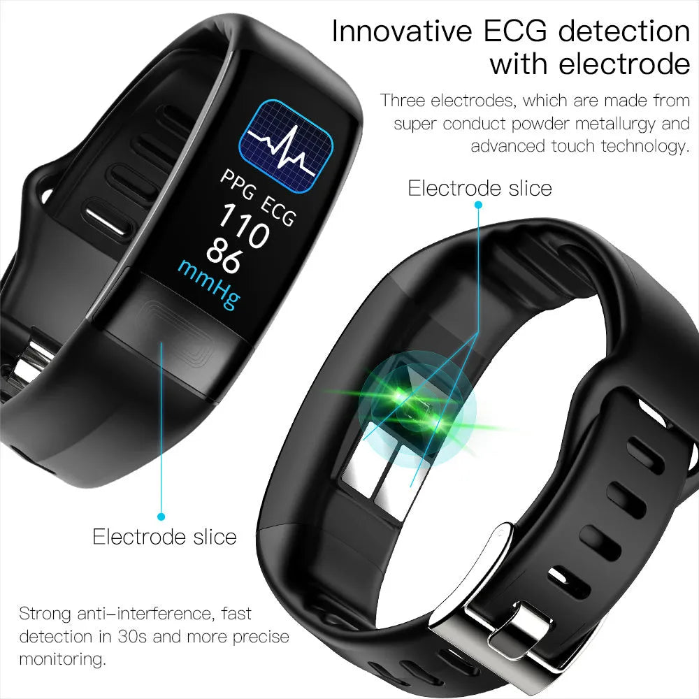 Black smart bracelet with ECG, blood pressure monitoring on a wrist, showing a health stats screen.
