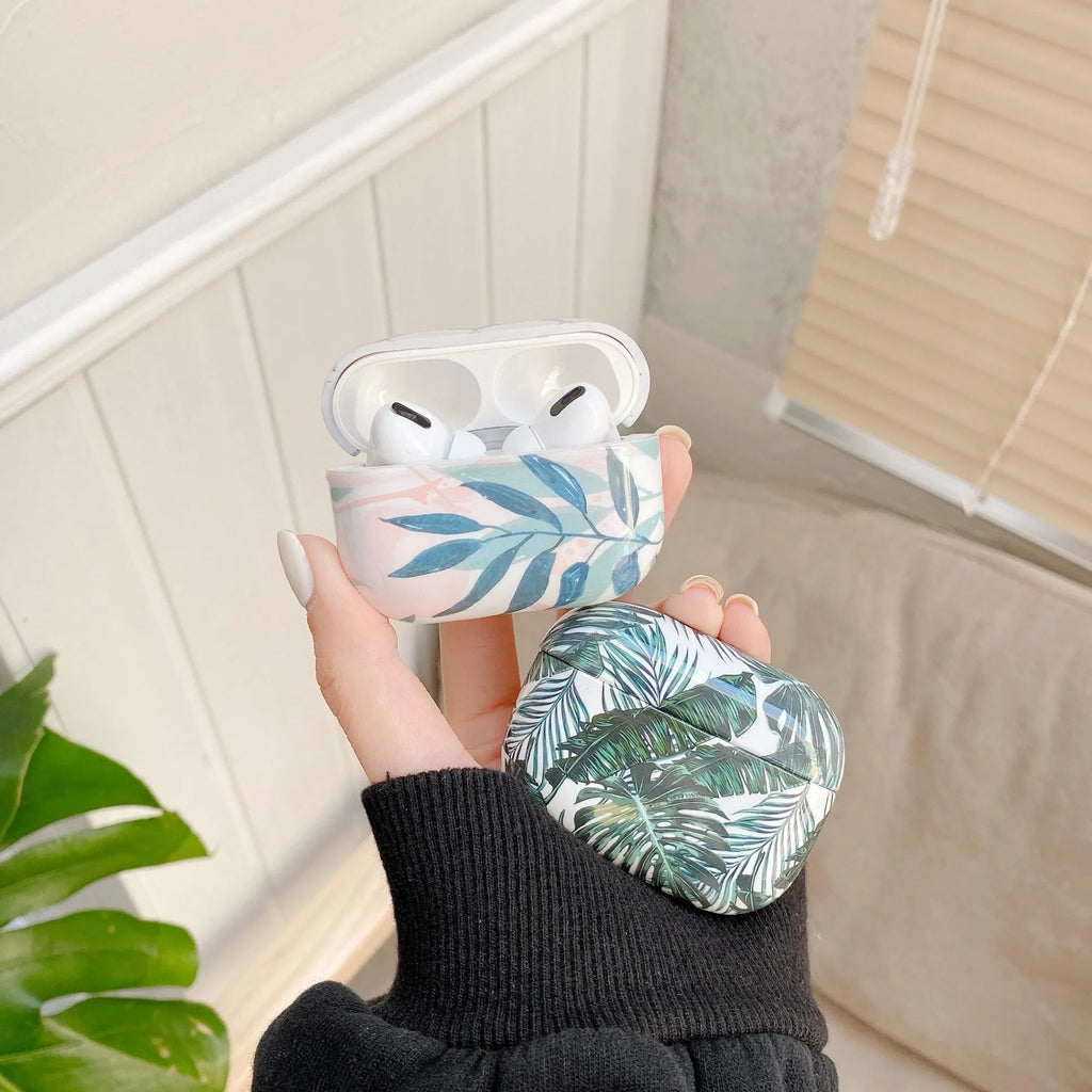 Blue and green banana leaf pattern AirPods case for Apple AirPods 1, 2 and Pro models