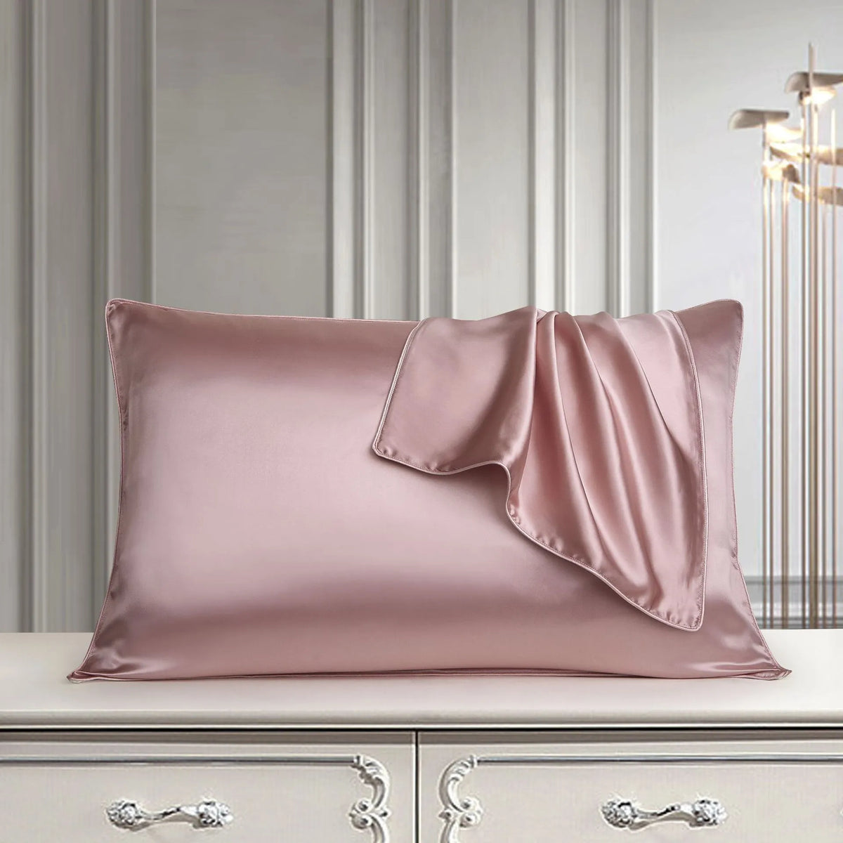 Single mulberry silk pillowcase in light luxury palace style, showing inlaid rope weave detail.