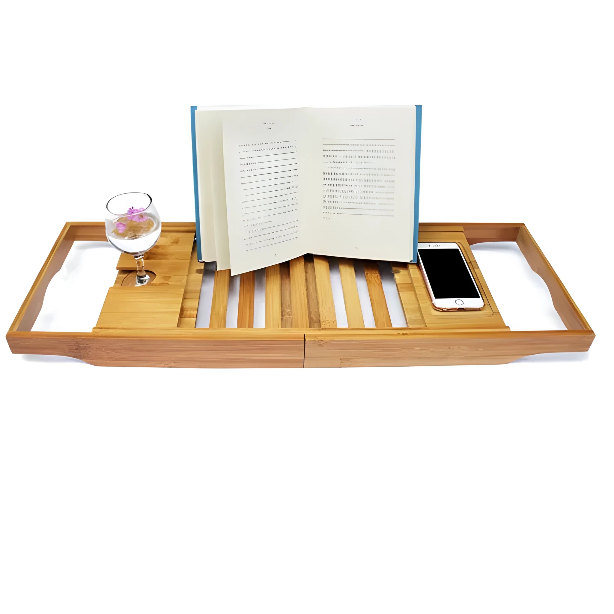 A bamboo bathtub frame storage organiser with a single shelf, shown on a bathroom desktop next to a tub.