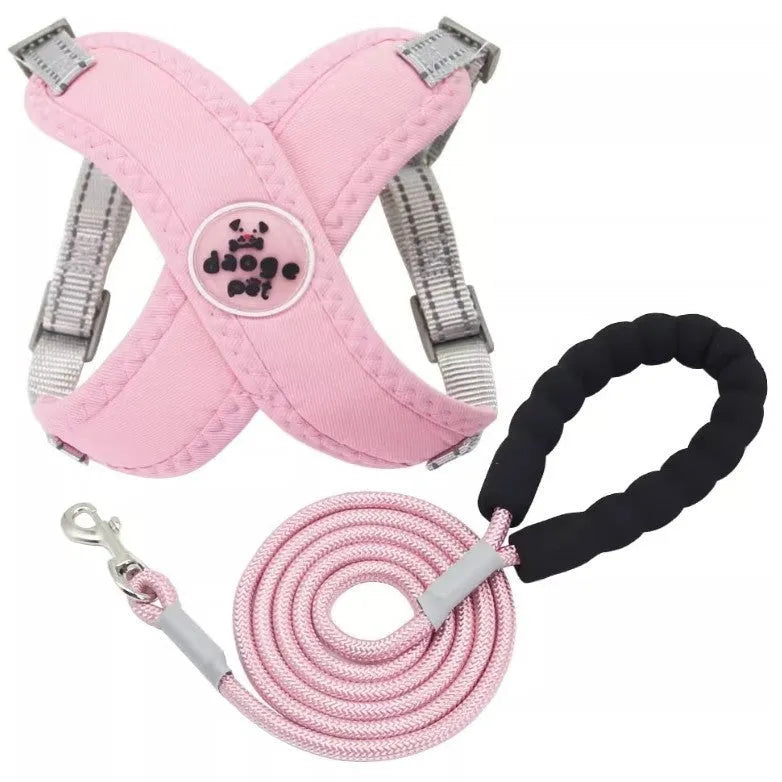 Polyester dog vest and hand holding rope set in blue, green, pink, or yellow colour
