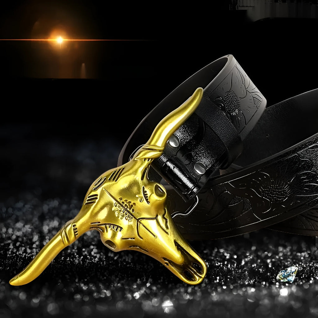 Men's black imitation leather belt with a detailed metal cow head buckle and pin closure.