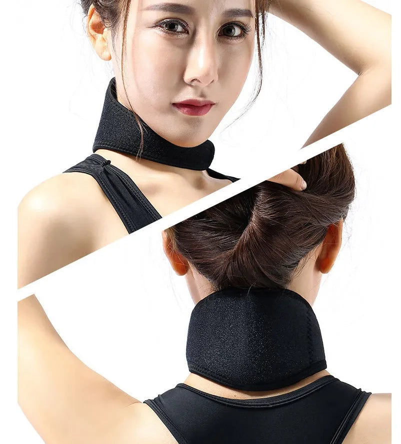 Black self-heating magnetic therapy neck guard with an adjustable shoulder strap laid flat.