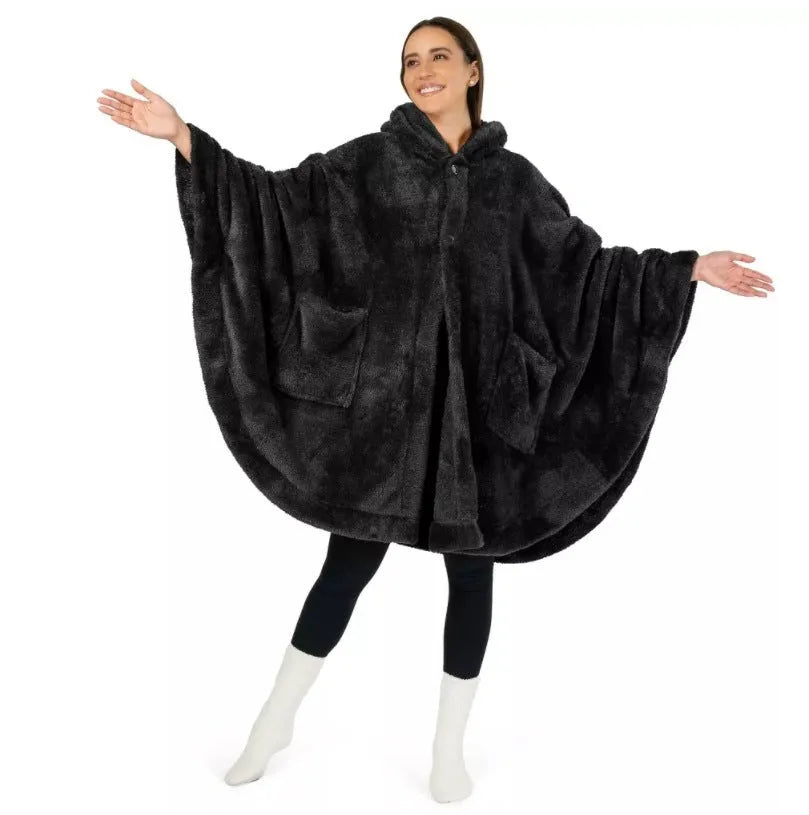 Thick pink hooded bathrobe with long sleeves and a cardigan front, shown on a hanger.
