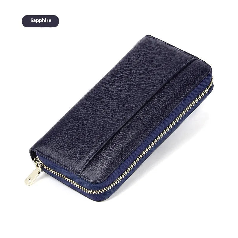 Genuine leather women's wallet in various colours showing high capacity design with anti-theft card protection