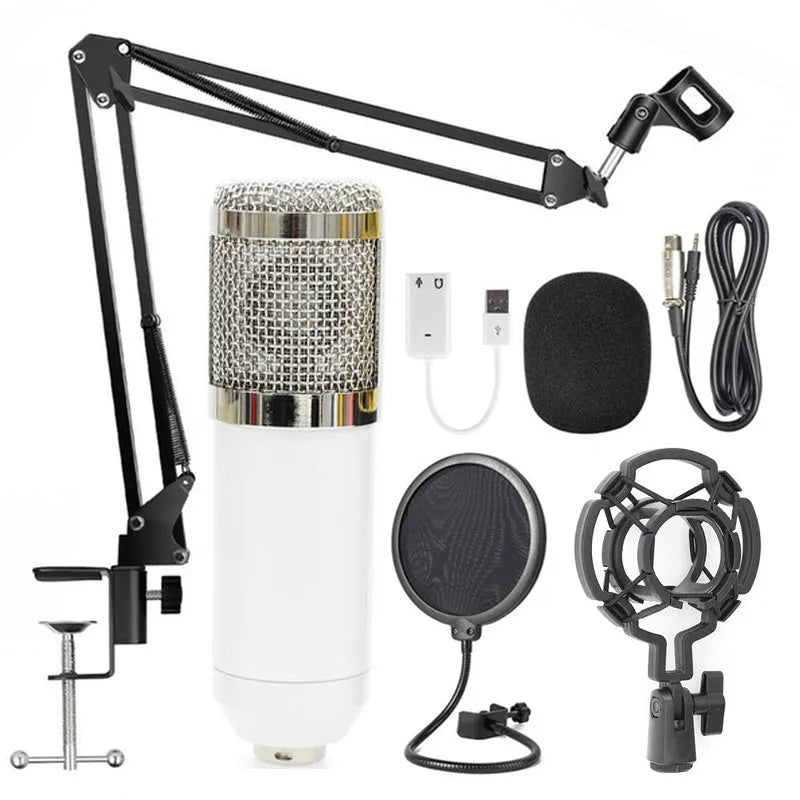 BM-800 condenser microphone with stand in various colour options including black, silver, and gold