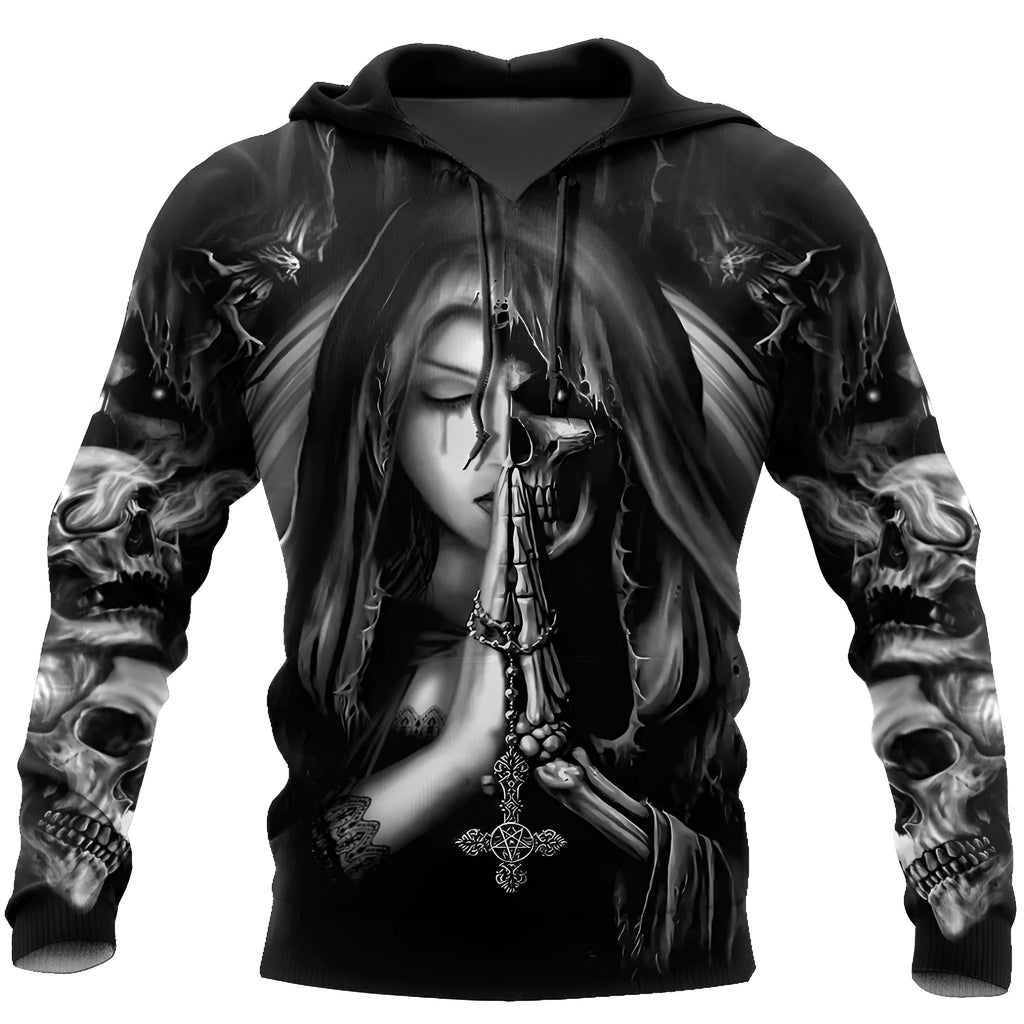 Halloween hooded sweatshirt with a 3D anime skull graphic on the front, shown in a casual style.