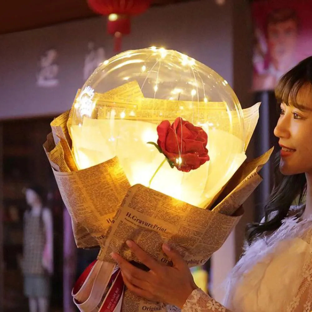Transparent LED luminous balloon rose bouquet with artificial flowers and glowing lights for DIY party decoration