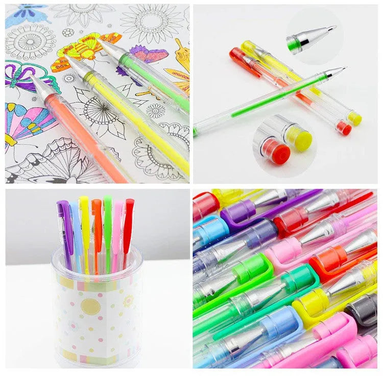 100 colour gel pen set with watercolour effects and highlighter pens in plastic barrels