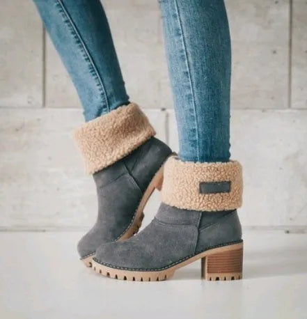 Women's mid-calf suede platform boots with a thick low heel in five colour options.
