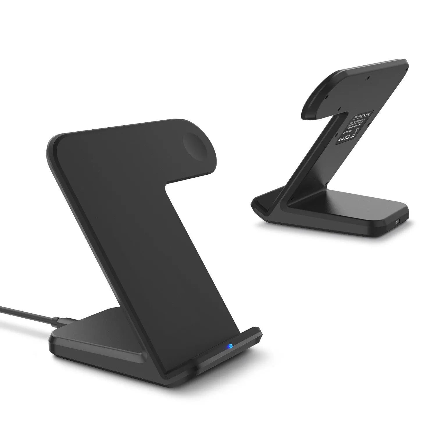 Black and white Qi wireless charging pad for mobile phones with Type-C cable.