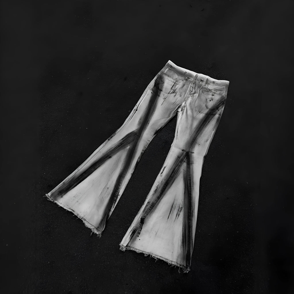 White retro selvedge jeans with black ribbon gradient detailing and mid-waist zip-fly design