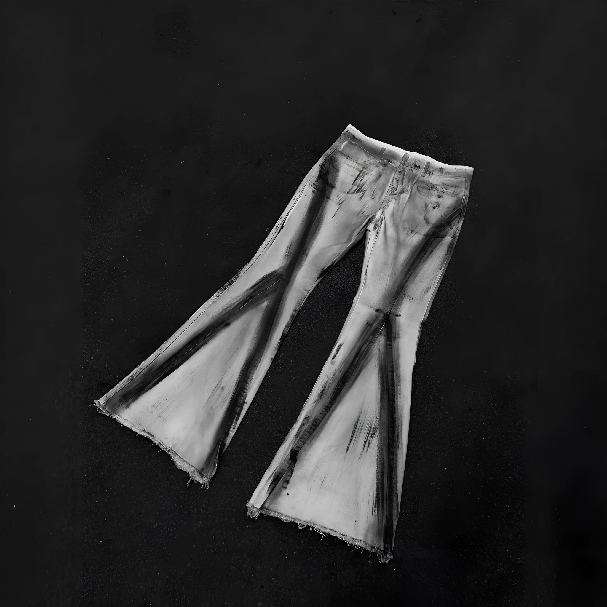 White retro selvedge jeans with black ribbon gradient detailing and mid-waist zip-fly design