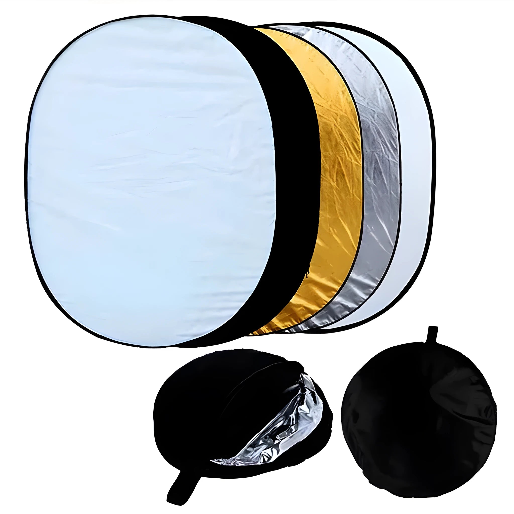 5-in-1 collapsible photography light reflector with gold, silver, white, black, translucent surfaces.