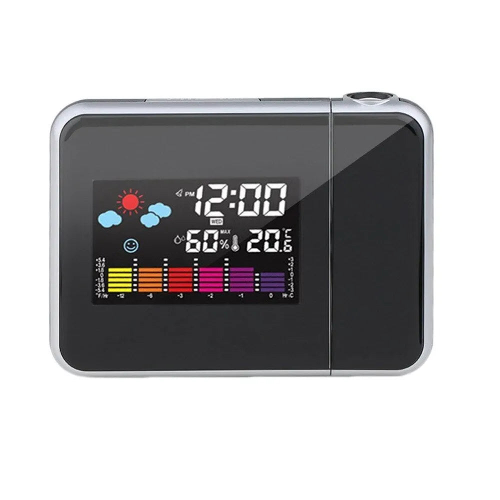Black hard plastic digital alarm clock with projection feature and display showing time and temperature.