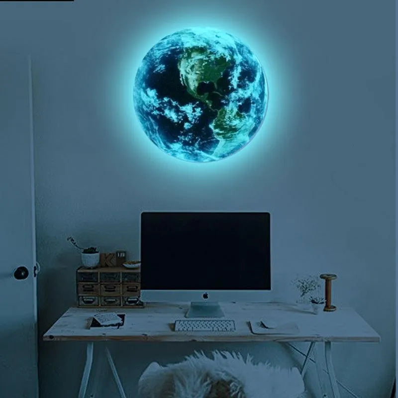 Glow in the dark 3D planet Earth wall sticker in PVC material showing luminous effect