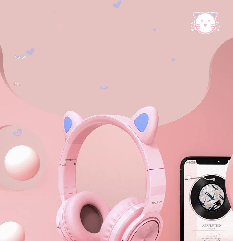 Pink-white wireless Bluetooth headset with head-mounted design and 40mm speakers