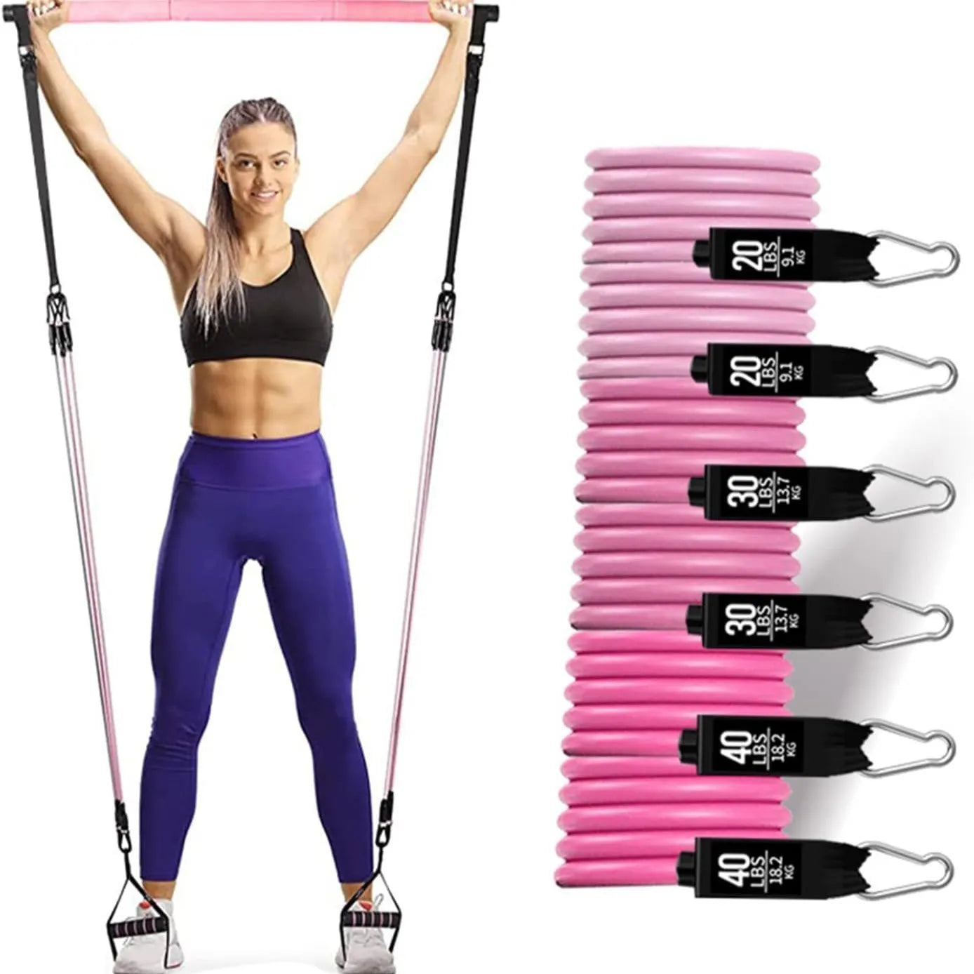Yoga gymnastic bar with 180-pound resistance band in black or pink TPE material