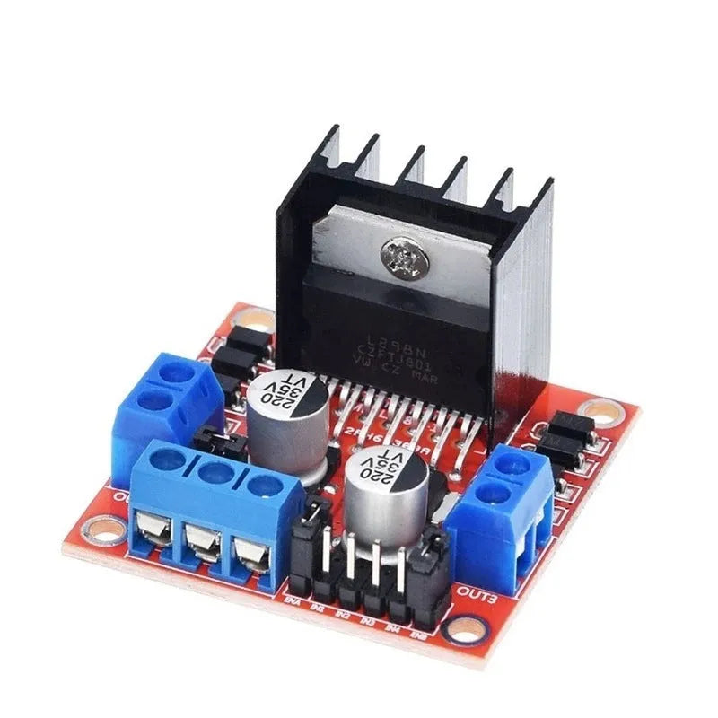 L298N dual H-bridge motor driver module on green PCB with screw terminals and pin headers
