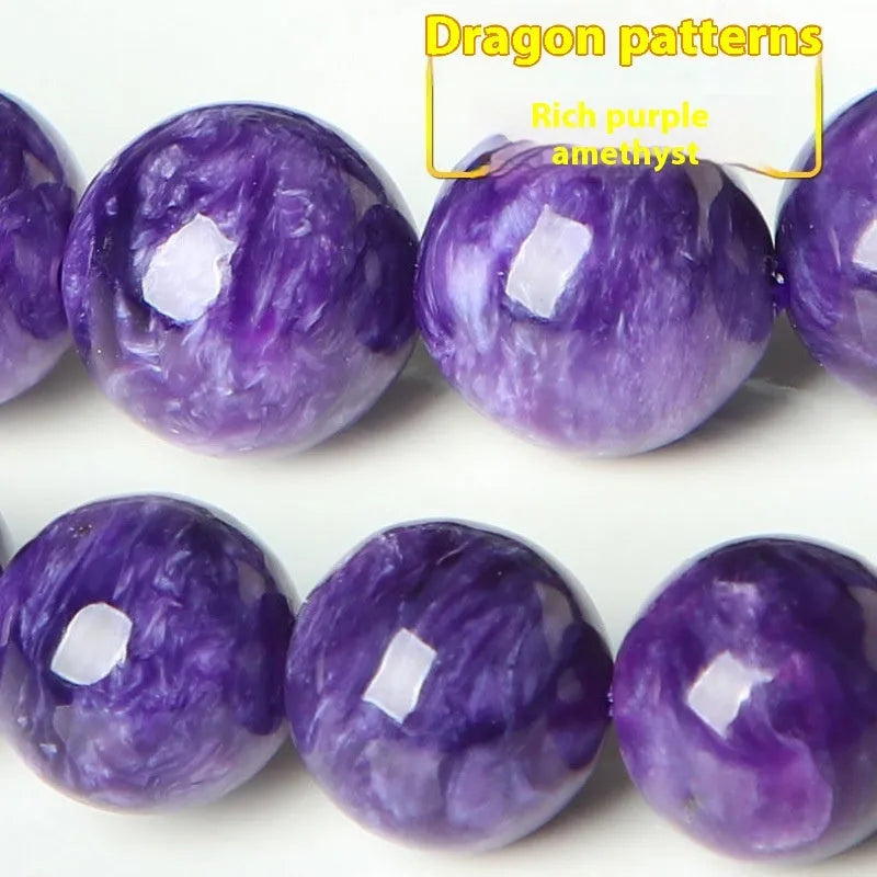 Natural transparent charoite crystal bracelet on platinum thread, showing different bead size options.