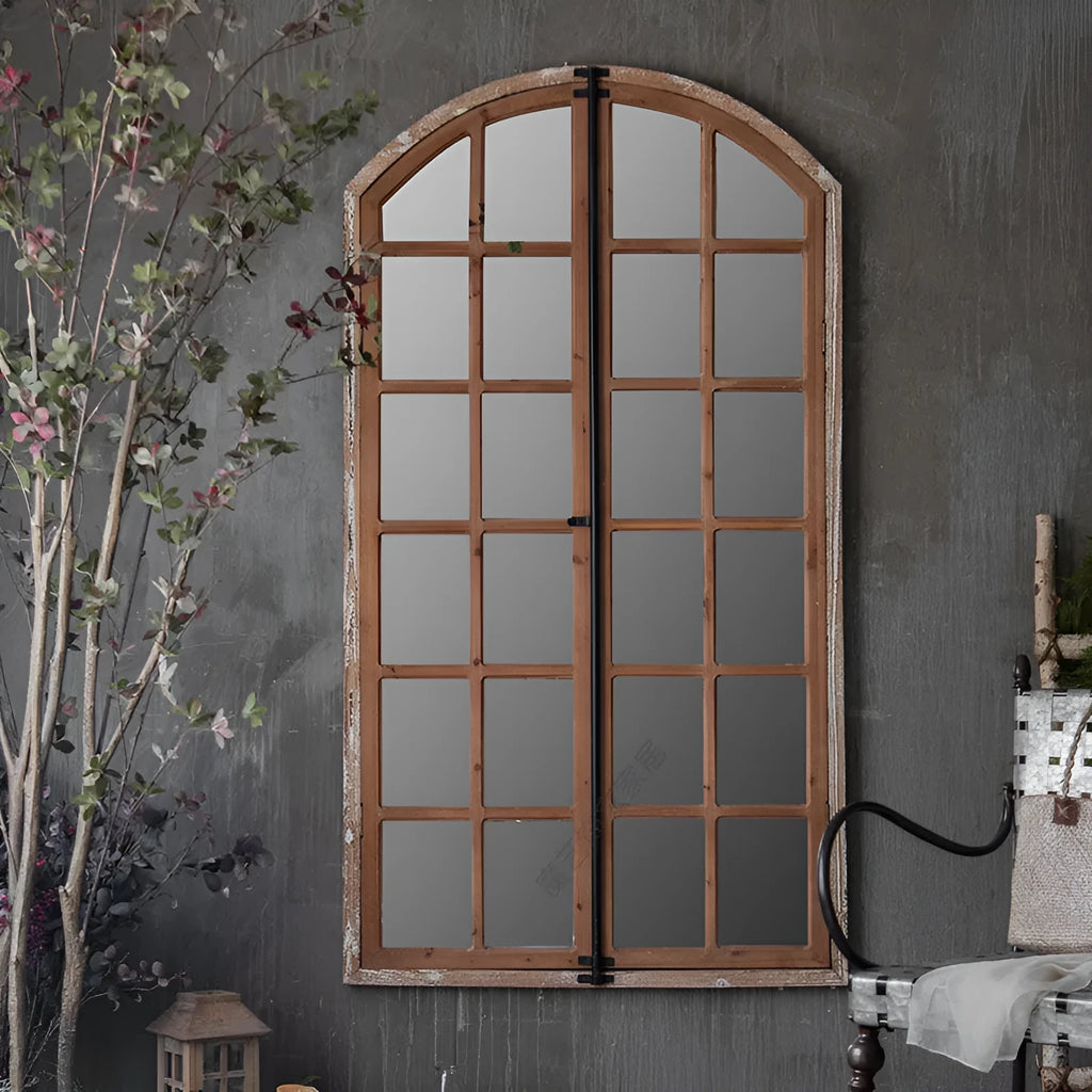 Log colour distressed fake window design wall mirror with wooden glass frame