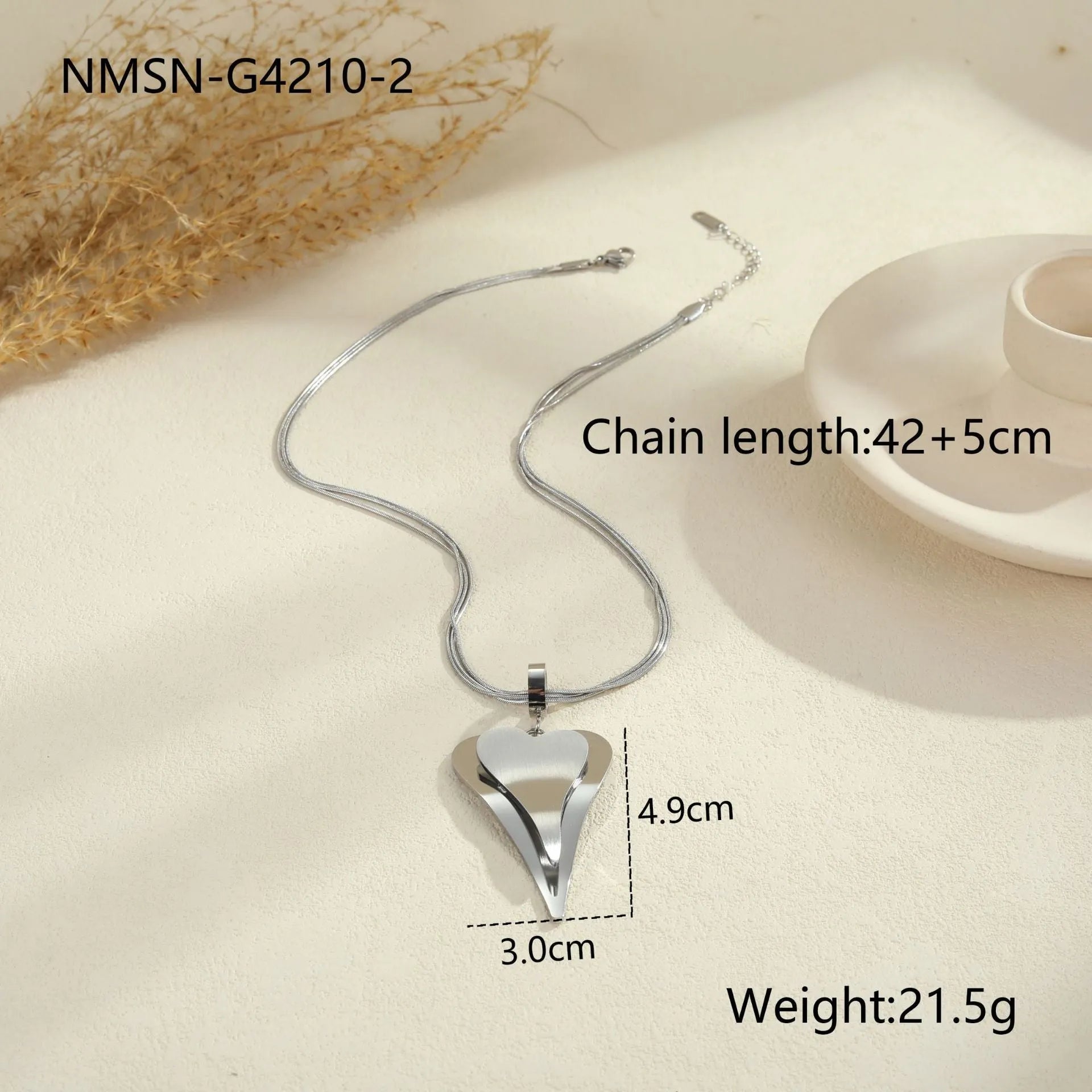Geometric double heart pendant on stainless steel snake bones chain necklace in gold or steel colour