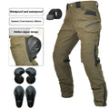 Men's black waterproof motorcycle cycling trousers with belt and protective gear on a hanger.