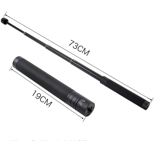 Black retractable selfie stick extended, showing smartphone mounted for a handheld shot.