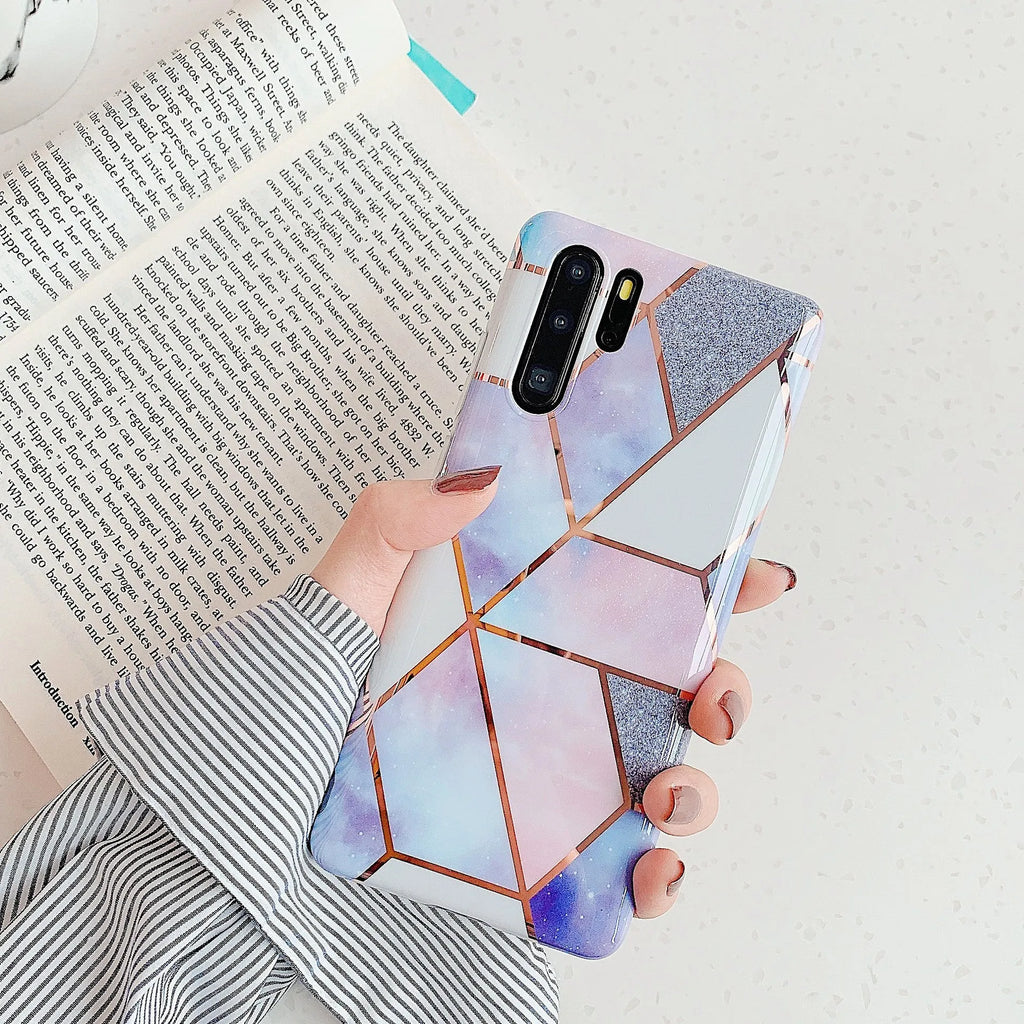 Electroplated marble mobile phone case with holographic finish on smartphone