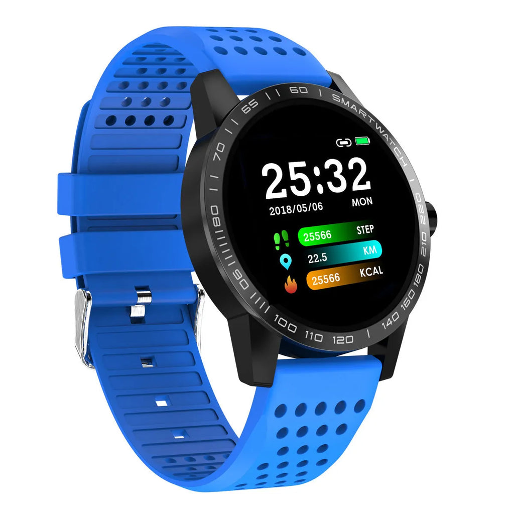 Black and blue smart bracelet with 1.3-inch colour screen showing heart rate monitoring interface