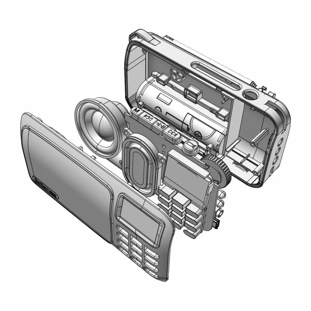 Golden Rolton W405 portable FM radio and MP3 speaker with LED display showing dimensions