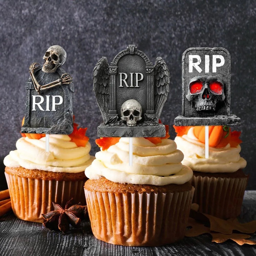 Halloween cake decoration flags, 12 paper tombstone-style small flags in Style 1 and Style 2
