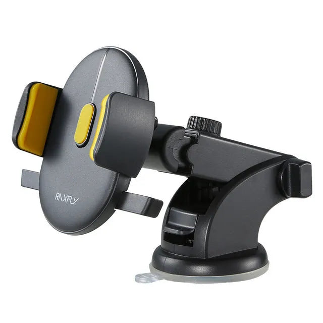Yellow and black telescopic car phone holder with suction cup mount extended on dashboard